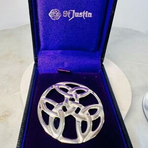Vtg Celtic Knotwork Brooch Pin St Justin Silver-tone Presentation Box Chicago